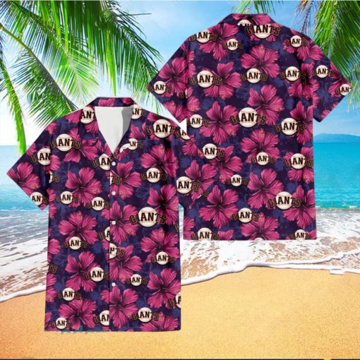 San Francisco Giants Plum Vilolet Hibiscus Dark Navy Leaf Black 3D Hawaiian Shirt Gift For Fans