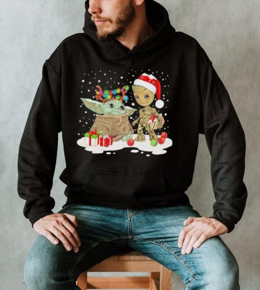 Santa Baby Yoda And Baby Groot Christmas Light Shirt