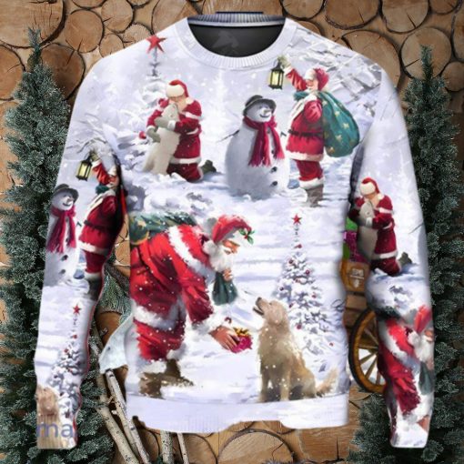 Santa Claus Chilling With Animal Snowman Happy Xmas Art Style Ugly Christmas Sweater Unique Gift