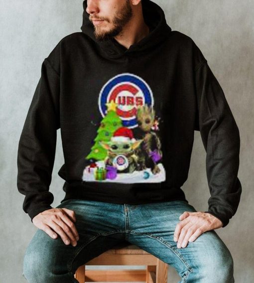 Santa Groot And Baby Yoda Hug Chicago Cubs Snow Christmas Tree Shirt