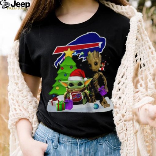 Santa Groot and Baby Yoda hug Buffalo Bills Snow Christmas Tree shirt