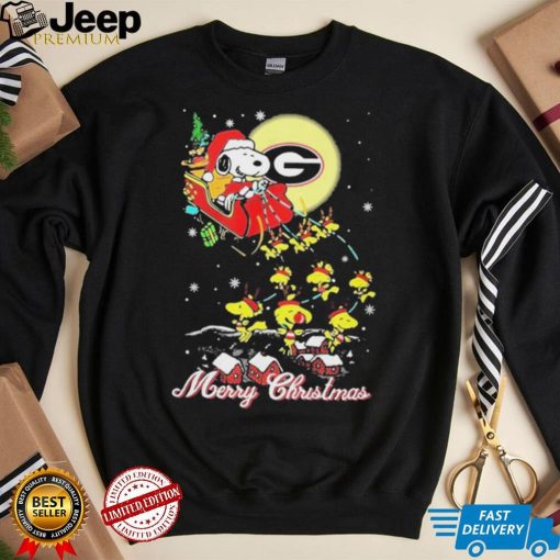 Santa Snoopy Woodstock Riding Reindeers Georgia Bulldogs Merry Christmas Shirt