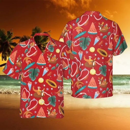 Santa Surfing Pattern Hawaiian Shirt  Christmas Ideas Red Button Up Shirt  Summer Themed Gifts