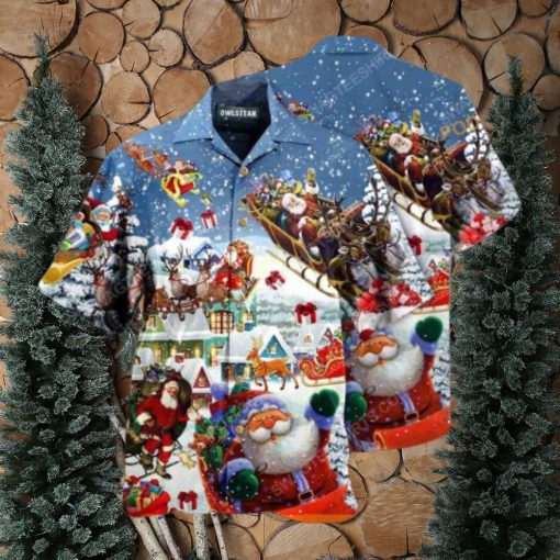 Santa’s Sleigh & Reindeer Hawaiian Shirt, Christmas Apparel