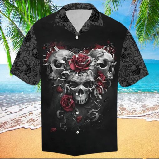 Scary Trio Skull Red Roses Aloha Hawaiian Shirt Colorful Short Sleeve Summer Beach Casual Shirt