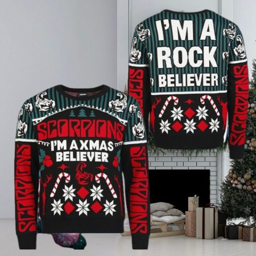 Scorpions I’m A Xmas Believer I’m A Rock Believer Candy Cane Pattern Ugly Christmas Sweater