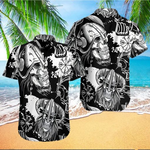 Seamless Pattern Skull In Viking Helmets Viking Ship And Vegvisir Hawaiian Shirt