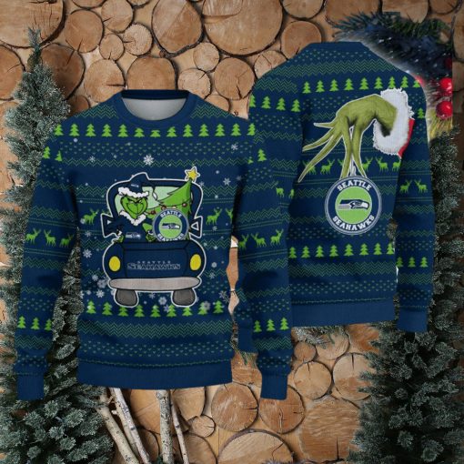 Seattle Seahawks And Grinch Driving With Pine Trees Ugly Xmas Sweater