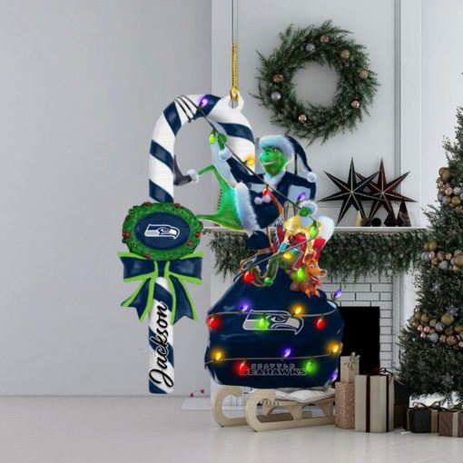 Seattle Seahawks NFL Custom Name Grinch Candy Cane 2 Sides Christmas Tree Decorations Ornament