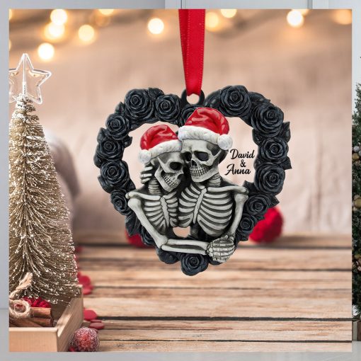 Skeleton Couple   Personalized Ornament, Black Rose Heart Shape, Christmas Tree Decor