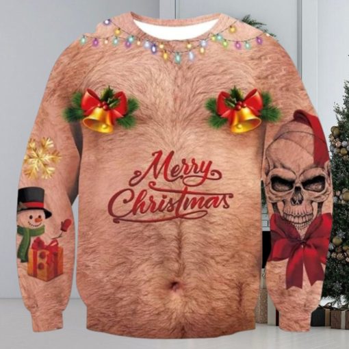 Skull Bell Hairy Chest Merry Christmas Ugly Sweater