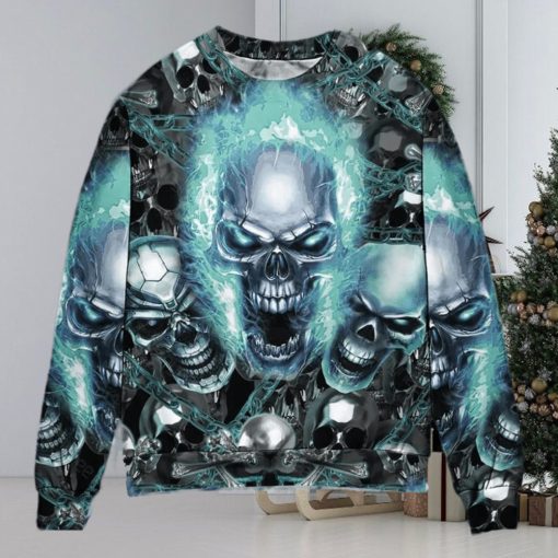 Skull Blue Flame Screaming Ugly Christmas Sweater