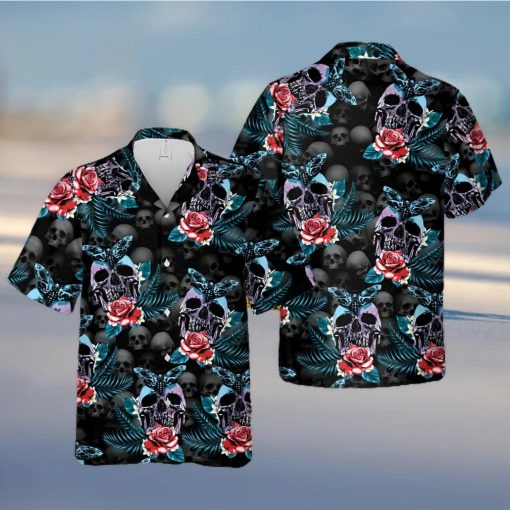 Skull Rose And Butterfly Black Aloha Hawaiian Shirt