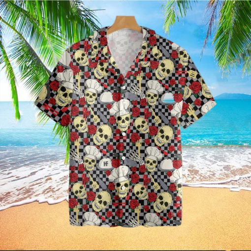 Skulls In Chef Hats And Red Roses Patterned Tropical Hawaiian Shirt For Men And Women