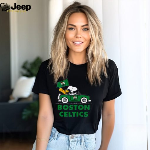 Snoopy And Woodstock Driving Car Boston Celtics Flag T shirt