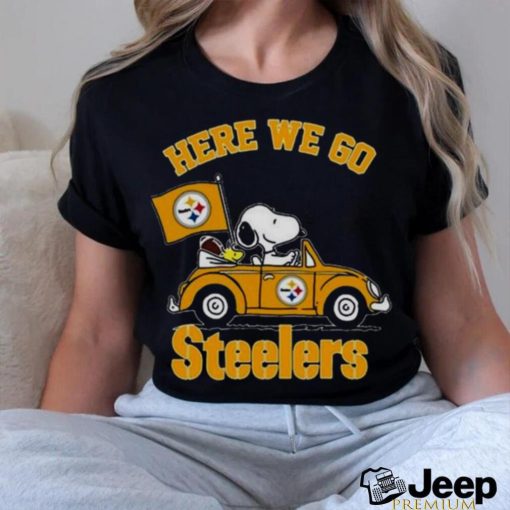 Snoopy And Woodstocks Driving Car Here We Go Pittsburgh Steelers Shirt