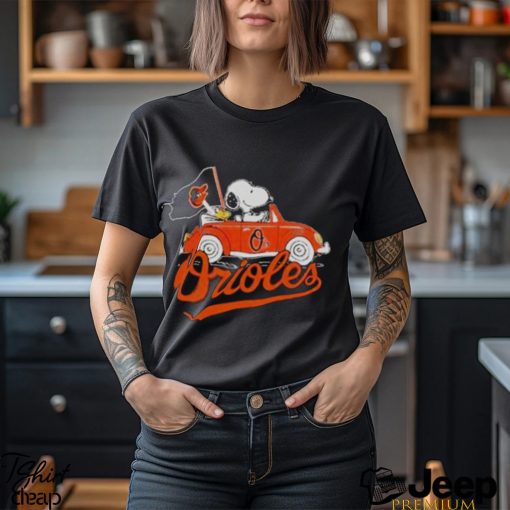 Snoopy Drives Car With Baltimore Orioles Flag Shirt