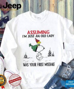 Snoopy and Woodstock hat santa assuming I’m just an old lady was your mistake christmas shirt