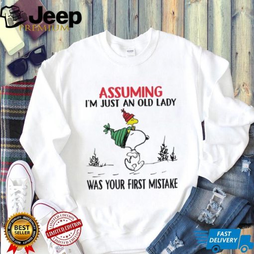 Snoopy and Woodstock hat santa assuming I’m just an old lady was your mistake christmas shirt