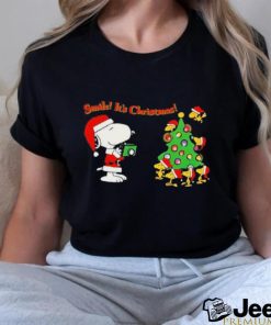 Snoopy and Woodstock hat santa pine tree smile It’s christmas shirt