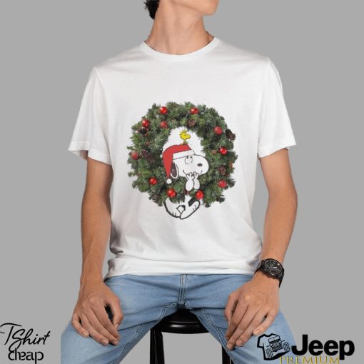 Snoopy santa and Woodstock pine wreath merry christmas shirt