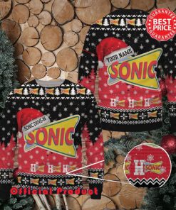 Sonic Drive In Logo Santa Hat Pine Tree Snowflake Custom Name Ugly Christmas Sweater