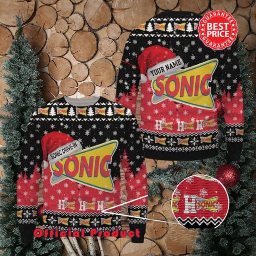 Sonic Drive In Logo Santa Hat Pine Tree Snowflake Custom Name Ugly Christmas Sweater