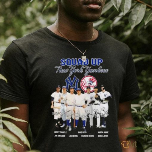 Squad up new york yankees mickey mantle babe ruth aaron judge signatures shirt