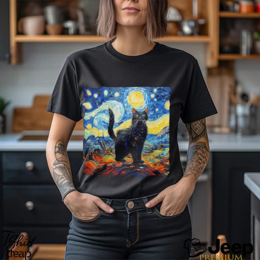 Starry Night cute Black Kitty cat lover art shirt