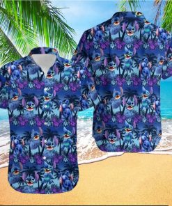 Stitch Cute Blue Purple Hibiscus Floral Coconut Tree Disney Cruise 2023 Disney Hawaiian Shirt