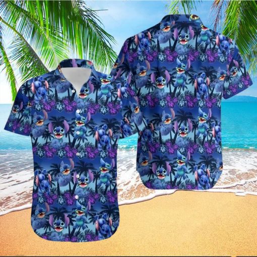 Stitch Cute Blue Purple Hibiscus Floral Coconut Tree Disney Cruise 2023 Disney Hawaiian Shirt