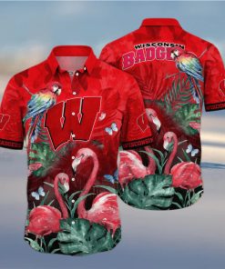 Summer Aloha NCAA Wisconsin Badgers Hawaiian Shirt Pink Flamingo And Palm Leaves hawaiian shirt