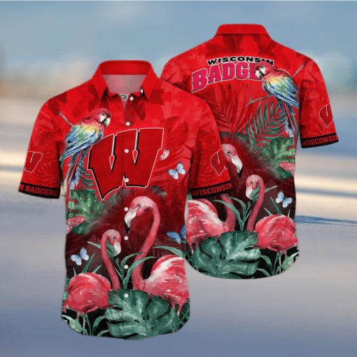 Summer Aloha NCAA Wisconsin Badgers Hawaiian Shirt Pink Flamingo And Palm Leaves hawaiian shirt