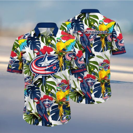 Summer Aloha NHL Columbus Blue Jackets Hawaiian Shirt Birds And Palm Leaves hawaiian shirt