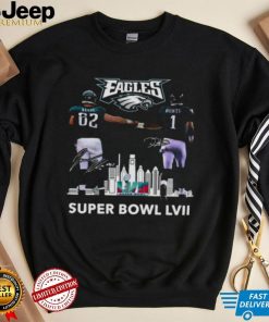 Super Bowl LVII Jalen Hurts and Travis Kelce Philadelphia Eagles skyline signatures shirt