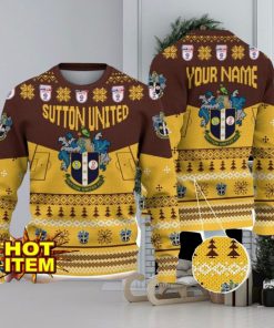 Sutton United FC Big Logo Custom Name 3D Ugly Christmas Sweater Christmas Gift For Big Fans