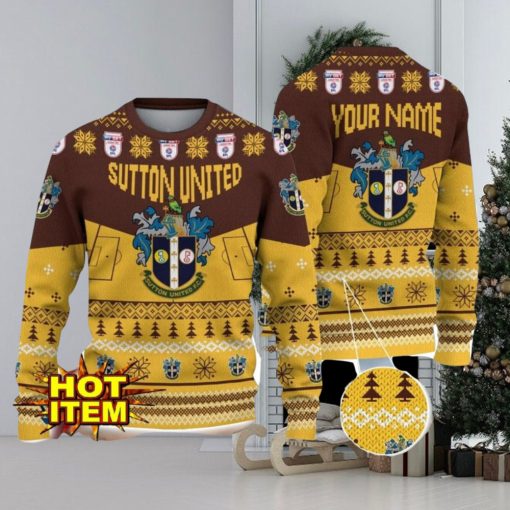 Sutton United FC Big Logo Custom Name 3D Ugly Christmas Sweater Christmas Gift For Big Fans