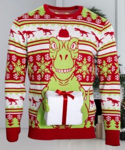 T Rex Santa Hat 3D Flappy Present Ugly Christmas Sweater