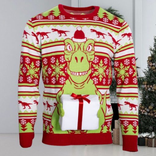 T Rex Santa Hat 3D Flappy Present Ugly Christmas Sweater