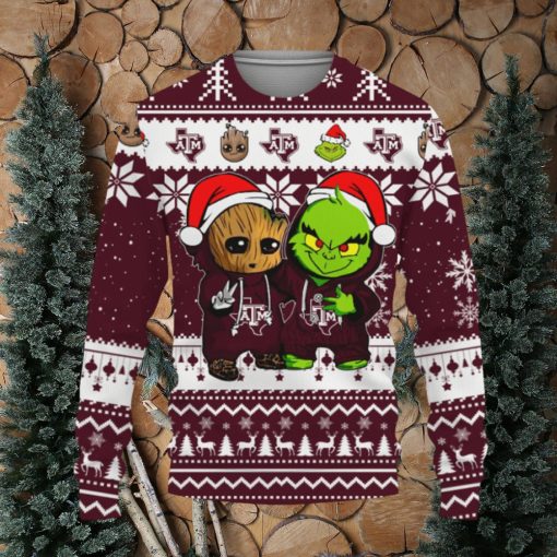 Texas AM Aggies Baby Groot And Grinch Best Friends Football American Knitted Christmas Sweater Gift Holidays