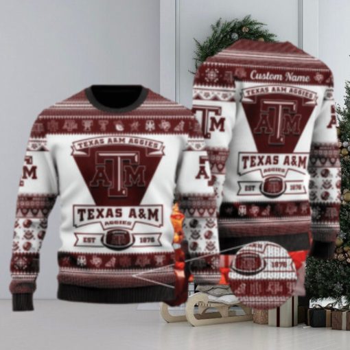 Texas AM Aggies Football Team Logo Ugly Christmas 3D Sweater Wintertime Custom Name