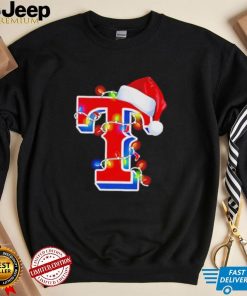 Texas Rangers big logo Santa hat Christmas lights shirt