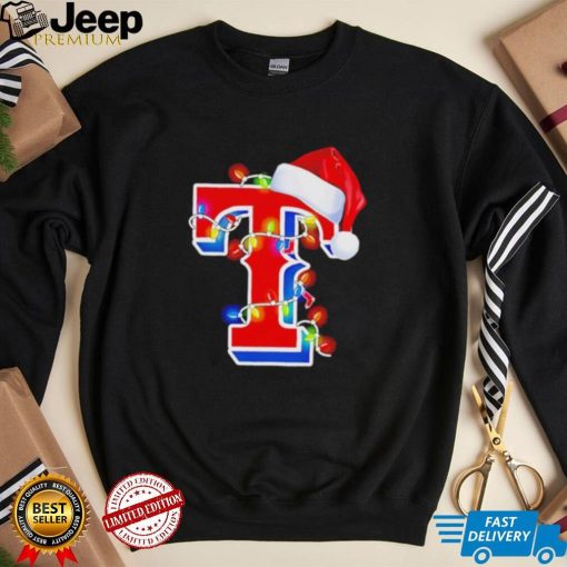 Texas Rangers big logo Santa hat Christmas lights shirt