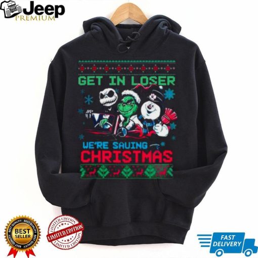 The Grinch Jack Skellington And Snowman Get In Loser We’Re Going Saving Ugly Vintage Christmas Tshirts