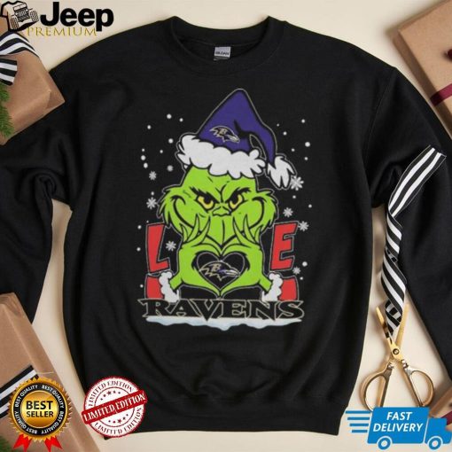 The Grinch Love Heart Baltimore Ravens Football Christmas 2023 Shirt