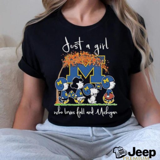 The Peanuts Snoopy and Friends Just a Girl Who loves Fall and Michigan Wolverines shirt