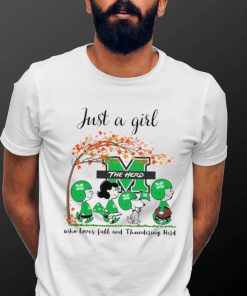 The Peanuts show Just a girl who loves fall and Marshall Thundering Herd shirt