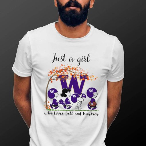 The Peanuts show Just a girl who loves fall and Washington Huskies shirt