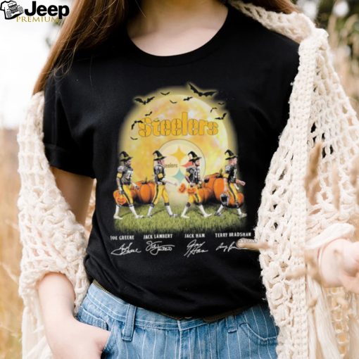 The Steelers Joe Greene Jack Lambert Jack Ham And Terry Bradshaw Abbey Road Halloween Signatures Shirt