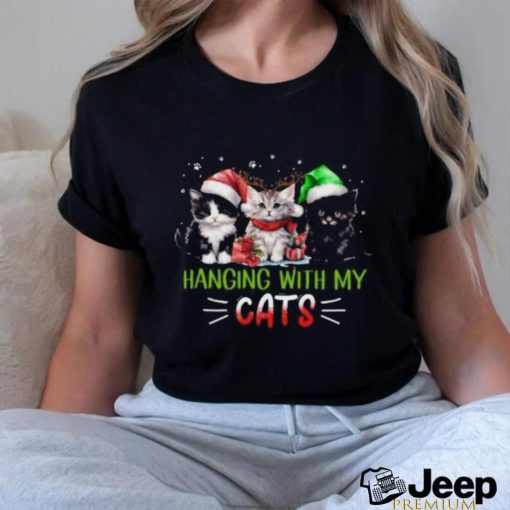 Three Cat Cute Hanging with my Cats merry Christmas 2023 T shirt